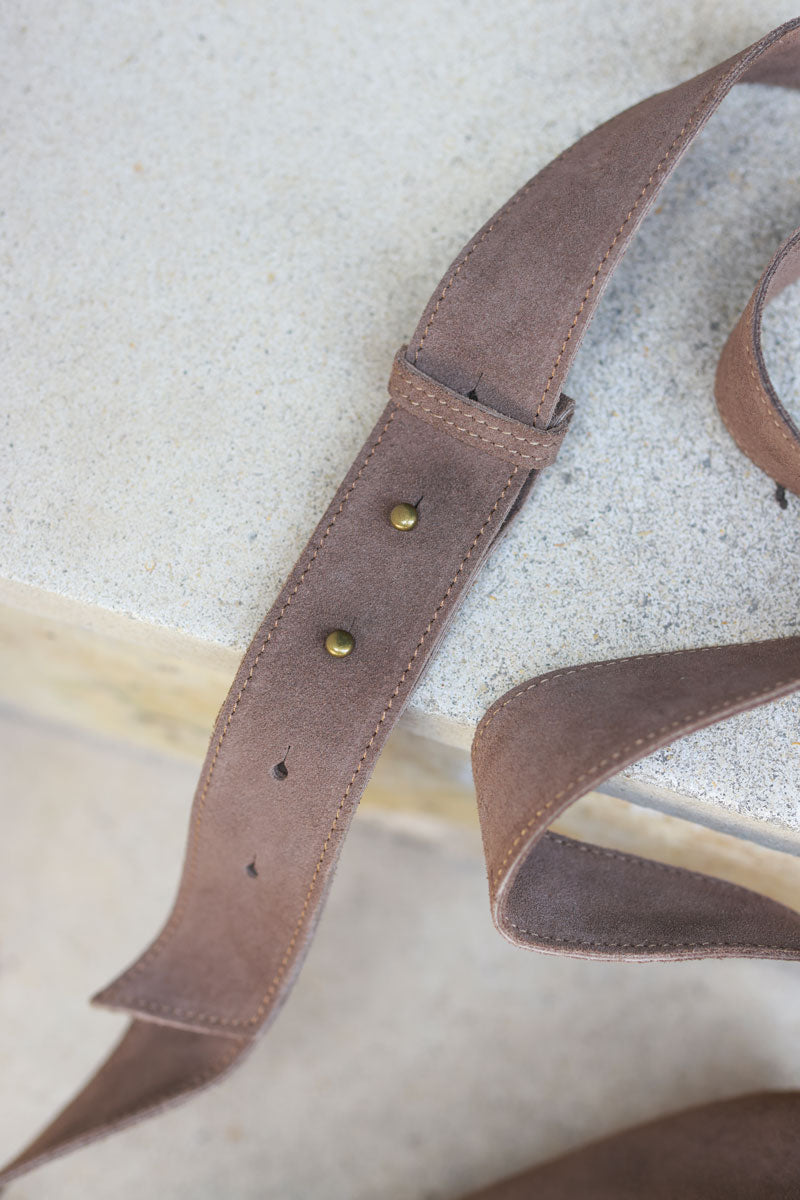 Taupe suede leather crossbody bag with studs and zip