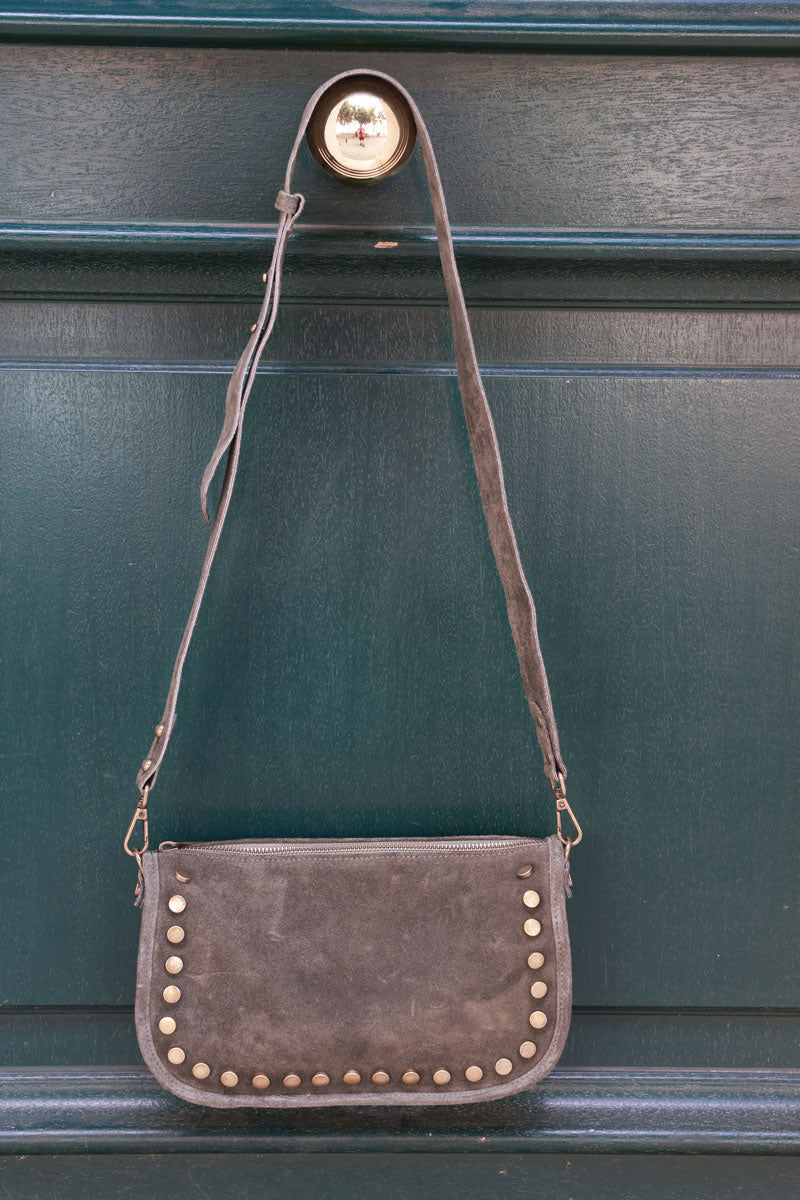 Taupe suede leather crossbody bag with studs and zip