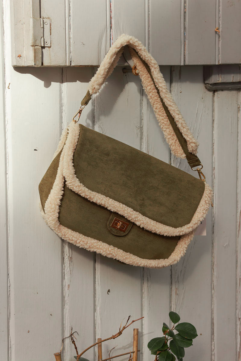 Olive Faux Shearling Messenger Bag