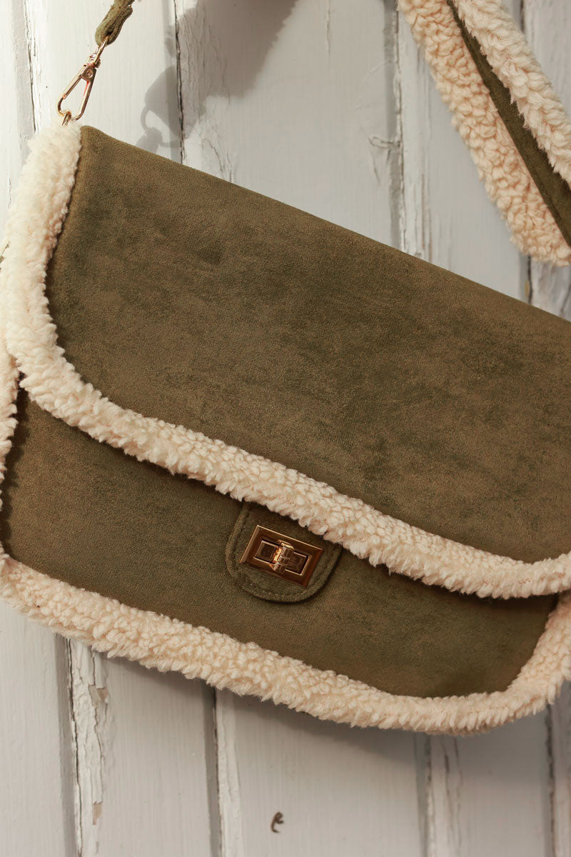 Olive Faux Shearling Messenger Bag