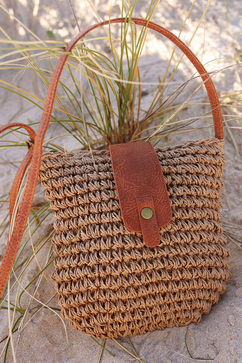 Taupe Jute and Leatherette Shoulder Bag