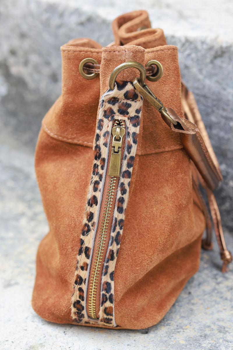 Camel suede leather bucket bag with leopard sides and glossy drawstring