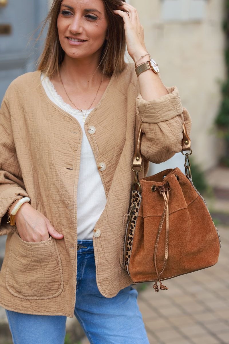 Camel suede leather bucket bag with leopard sides and glossy drawstring