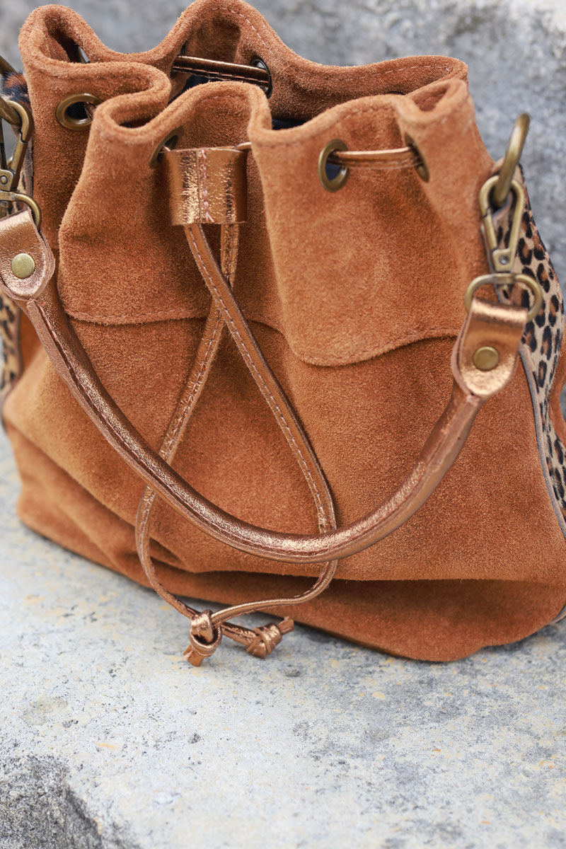 Camel suede leather bucket bag with leopard sides and glossy drawstring