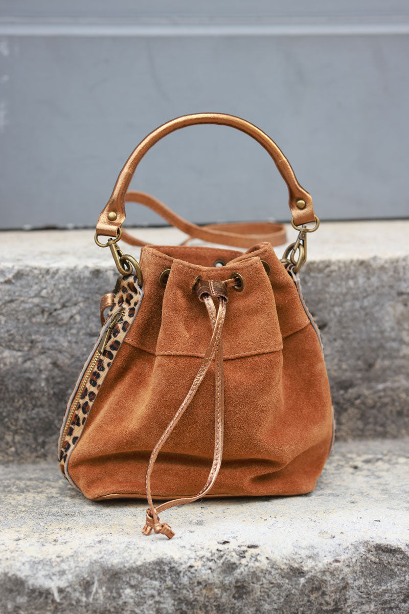 Camel suede leather bucket bag with leopard sides and glossy drawstring