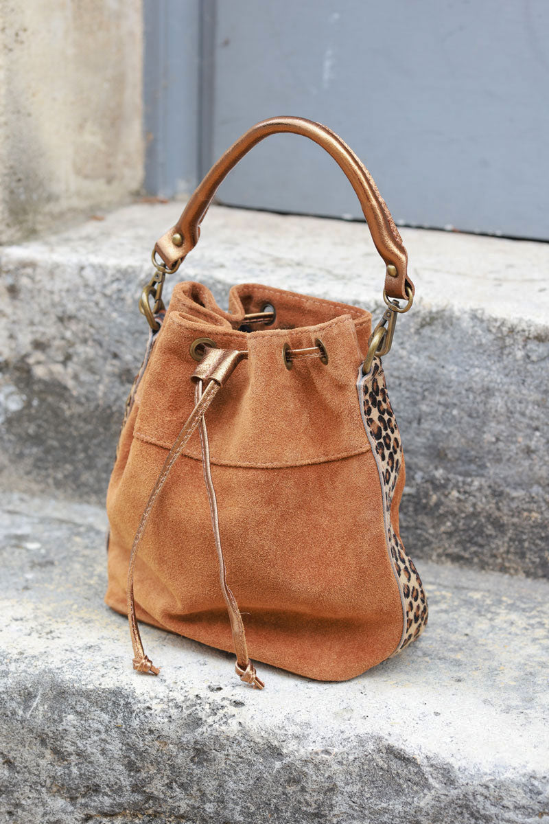 Camel suede leather bucket bag with leopard sides and glossy drawstring