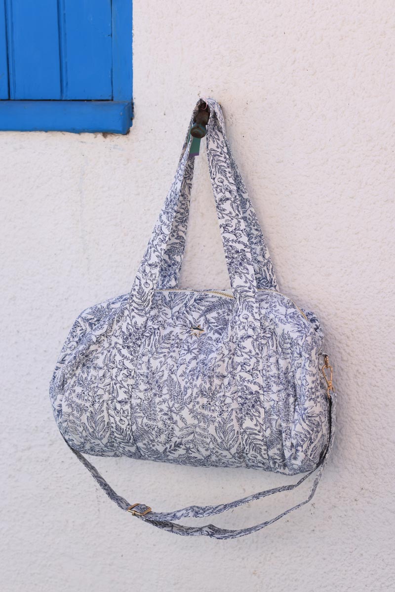 Bolso bowling de gasa de algodón acolchado con estampado de flores de toile de jouy en azul marino