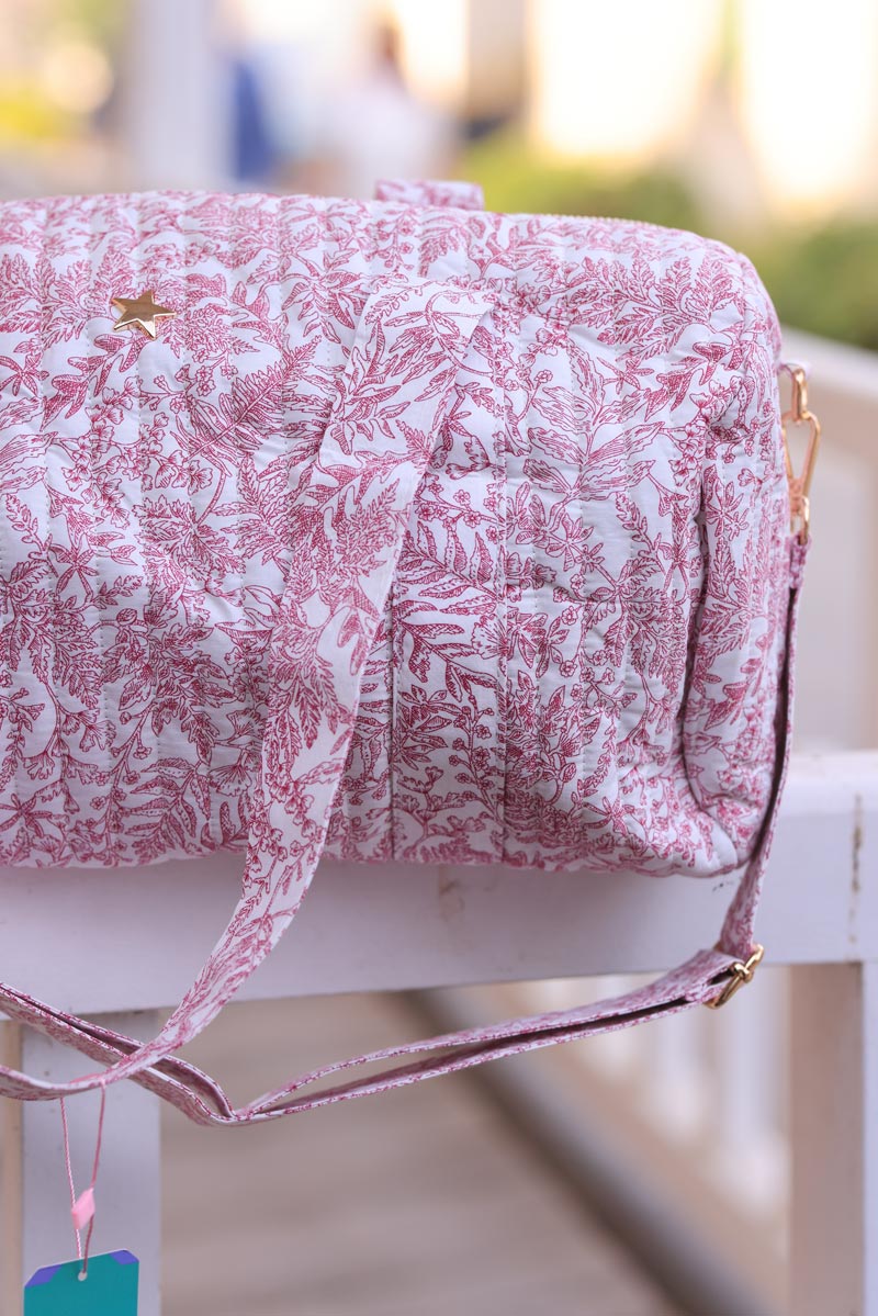 Sac bowling en gaze de coton matelassé imprimé toile de jouy fleurs fuchsia