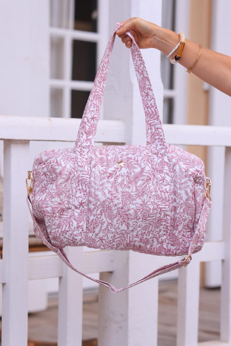 Sac bowling en gaze de coton matelassé imprimé toile de jouy fleurs fuchsia