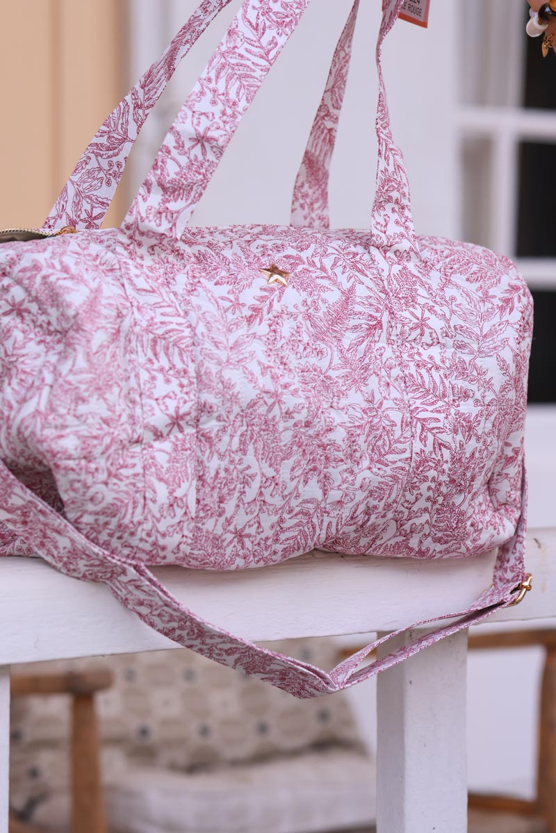 Sac bowling en gaze de coton matelassé imprimé toile de jouy fleurs fuchsia