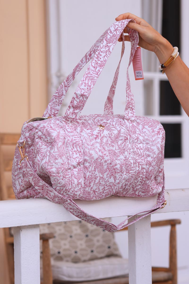 Sac bowling en gaze de coton matelassé imprimé toile de jouy fleurs fuchsia