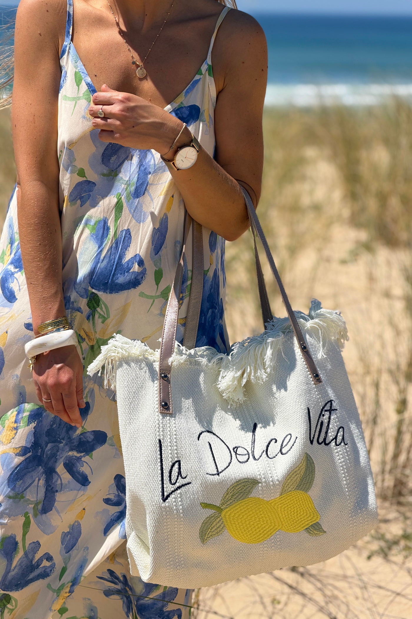 Sac cabas beige broderie Dolce Vita citrons détails franges et fermeture zip