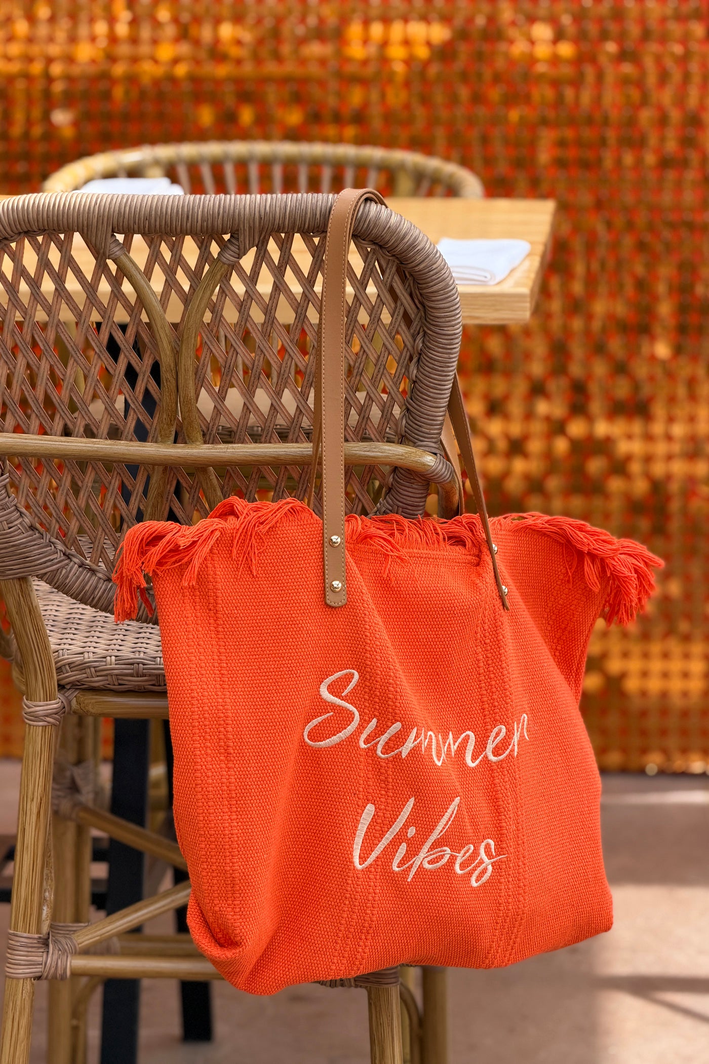Sac cabas de plage orange à franges Summer Vibes