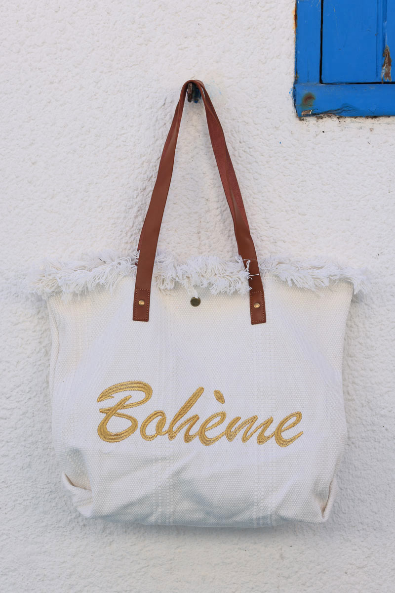 Off white woven cotton tote bag with gold 'boheme' embroidery