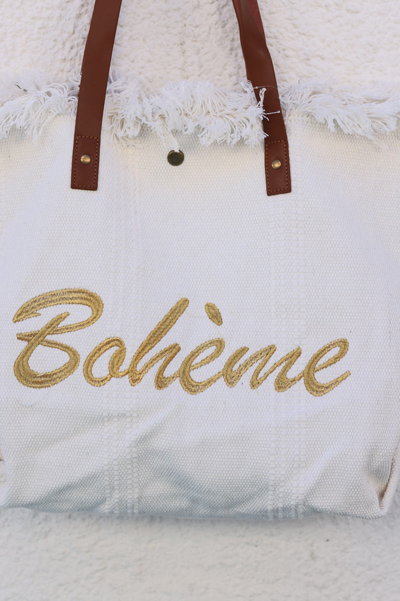 Off white woven cotton tote bag with gold 'boheme' embroidery