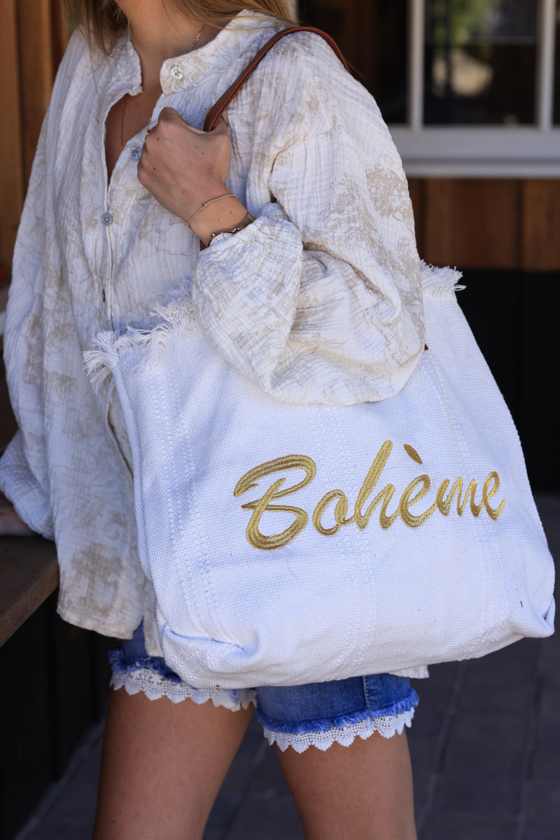 Bolso tote de algodón blanco roto con flecos bordados bohemios dorados