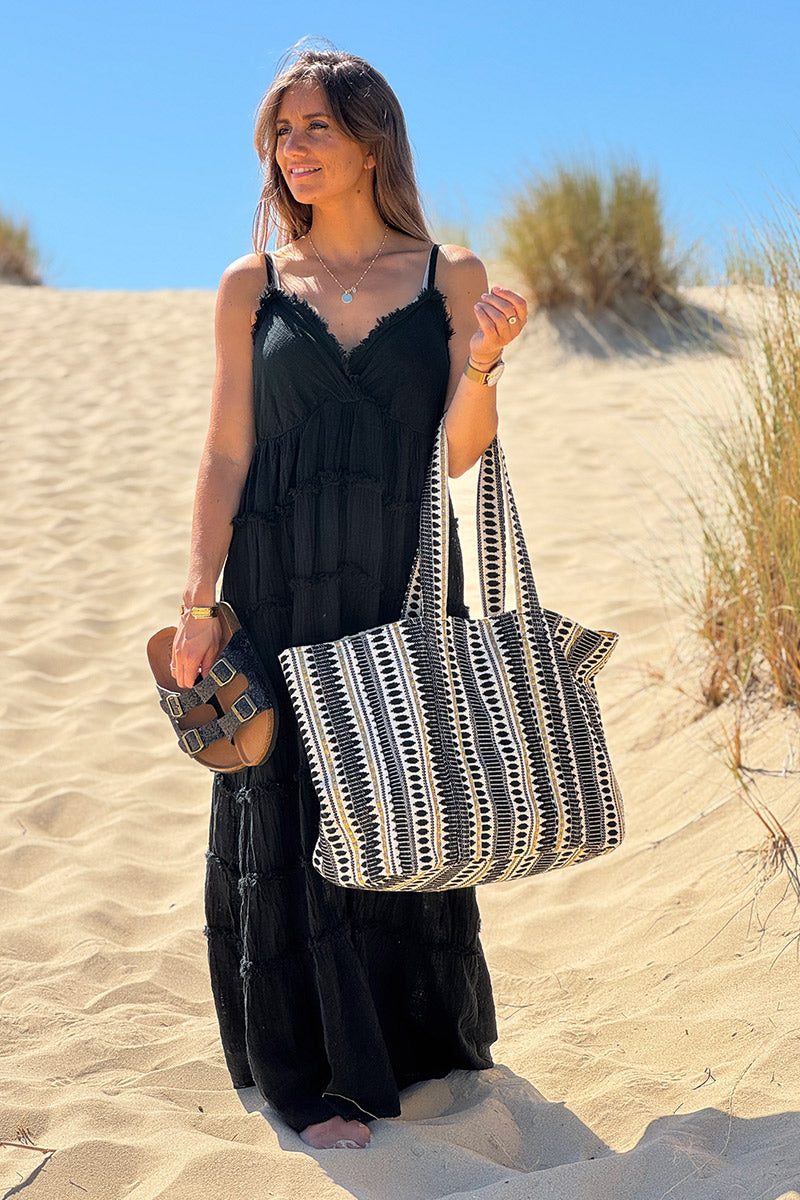 Sac cabas en coton effet piqué broderie motif noir et doré