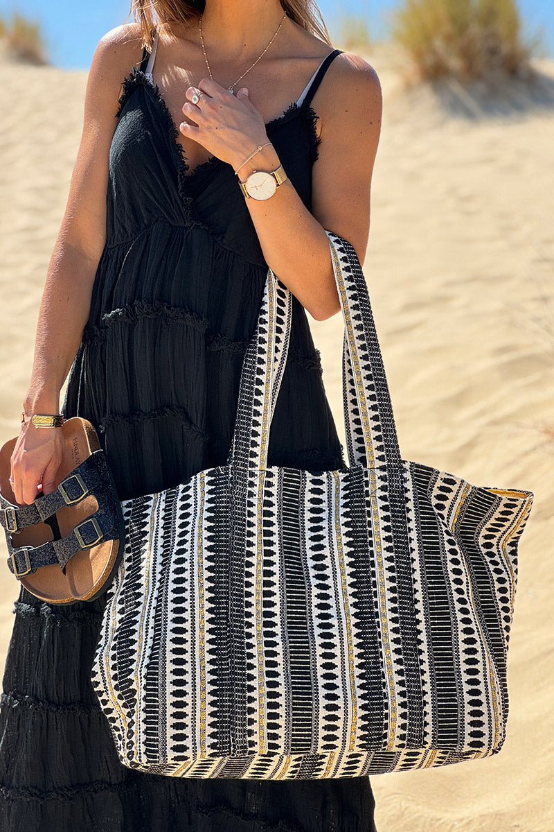 Sac cabas en coton effet piqué broderie motif noir et doré