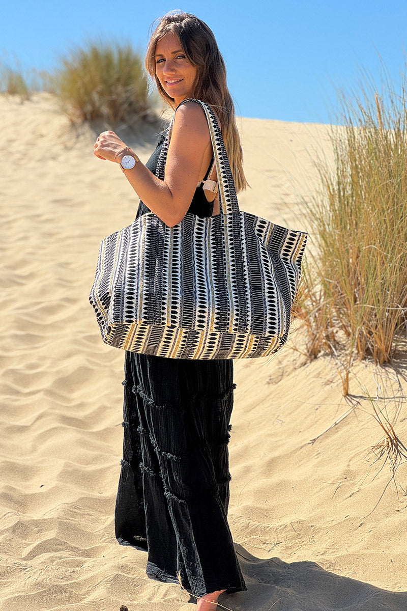 Sac cabas en coton effet piqué broderie motif noir et doré