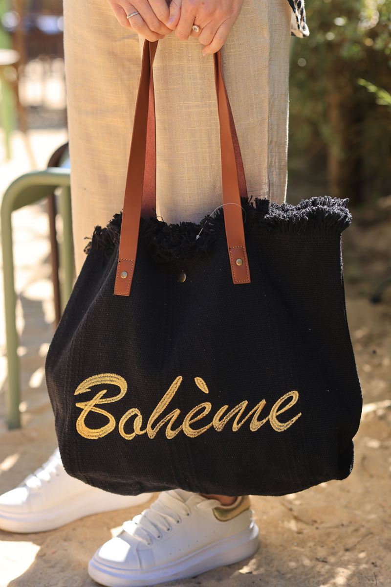 Black woven cotton tote bag with gold 'boheme' embroidery