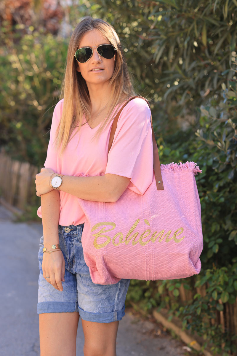 Pink woven cotton tote bag with gold 'boheme' embroidery