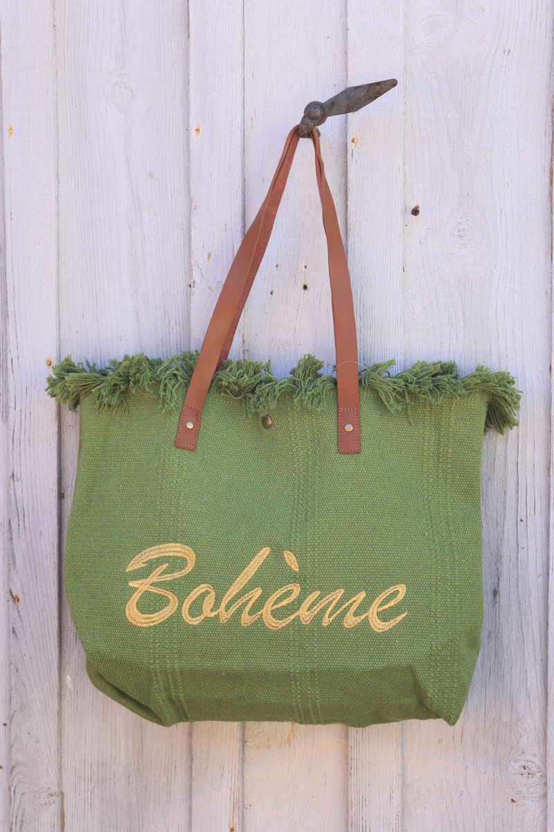 Green woven cotton tote bag with gold 'boheme' embroidery