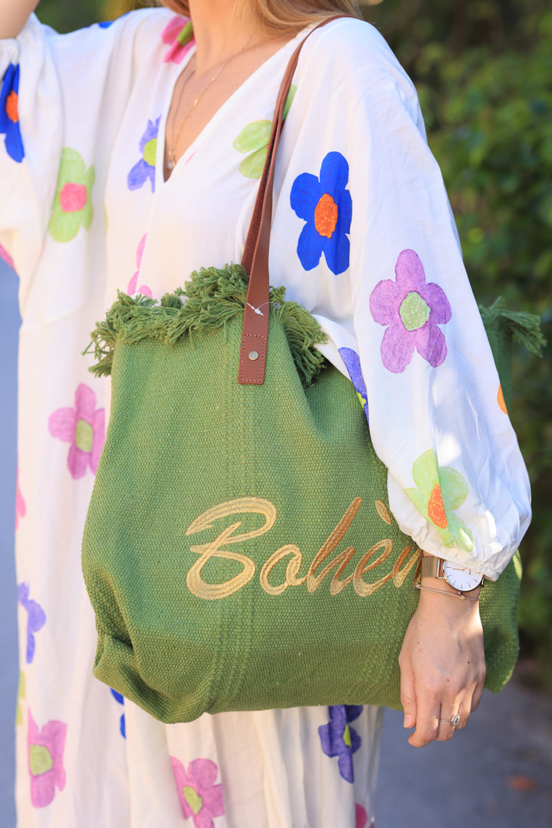 Green woven cotton tote bag with gold 'boheme' embroidery