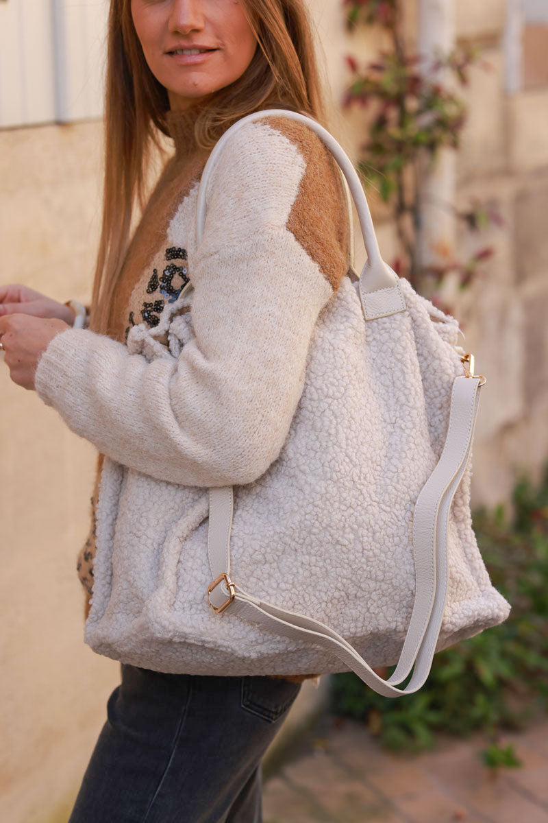 Sac cabas en moumoute beige anses rigides