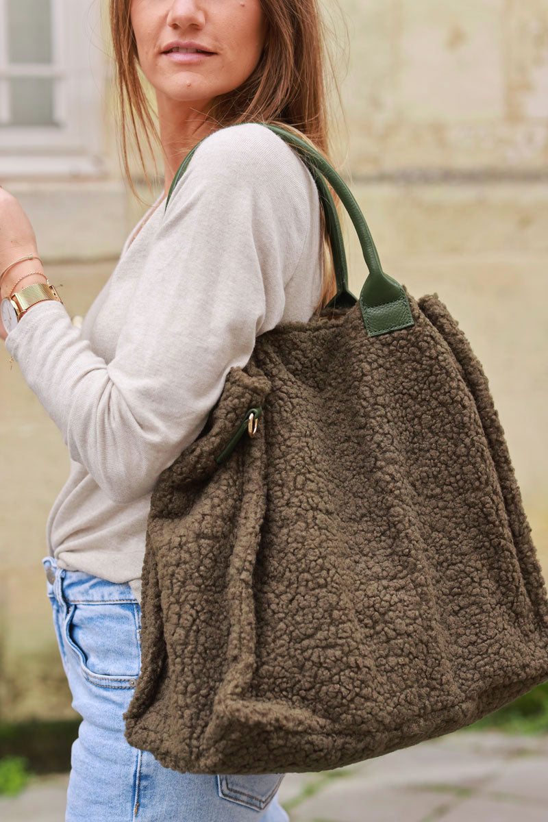 Olive Faux Shearling Satchel