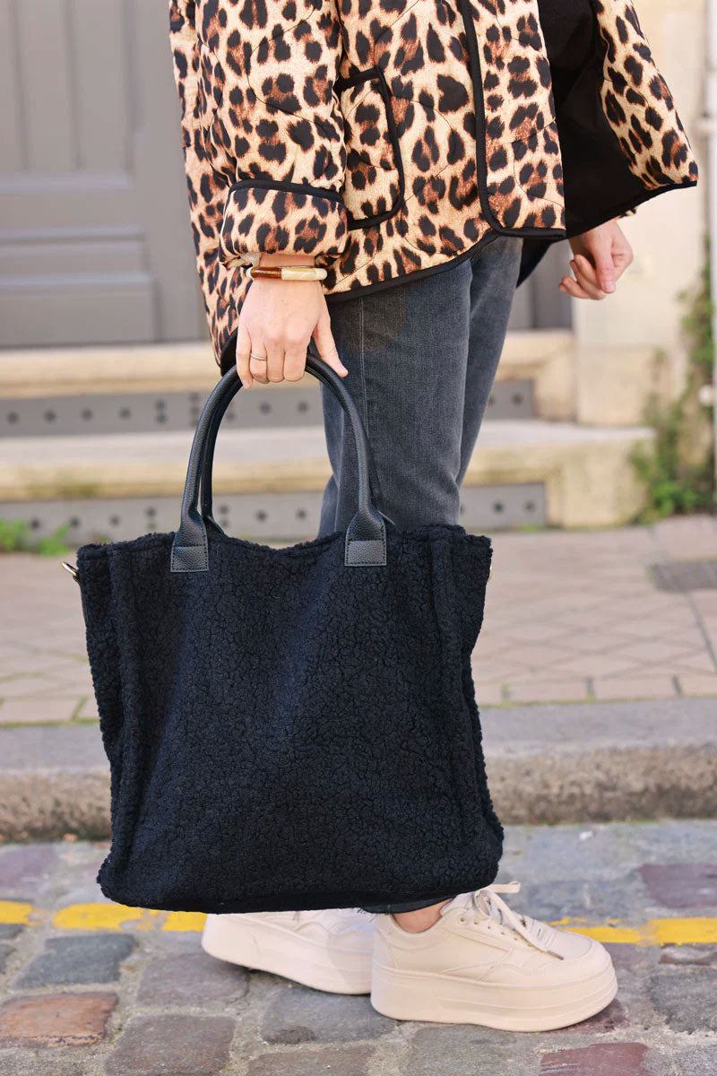 Black Faux Shearling Satchel