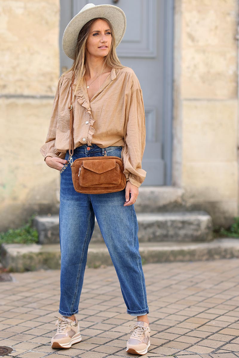 Camel suede crossbody bag with front pocket