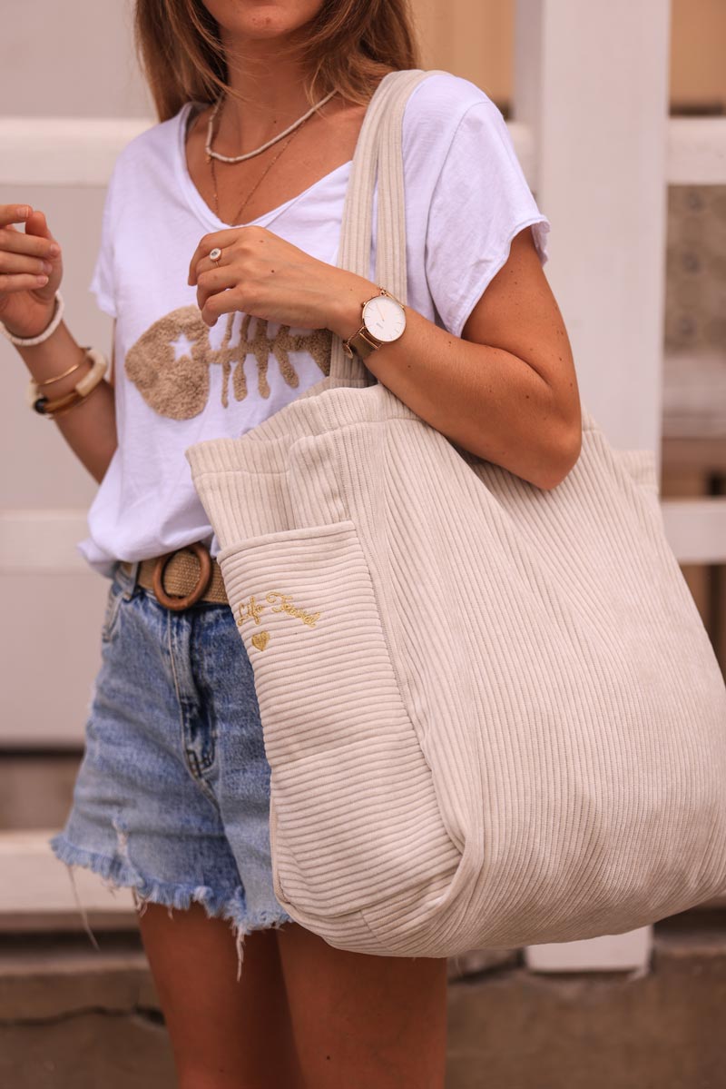 Bolso tote gris suave de pana con bordado, bolsillos e interior de leopardo