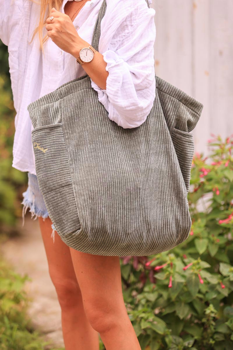 Khaki ribbed velvet tote bag with 'Love,Life,Travel' embroidery