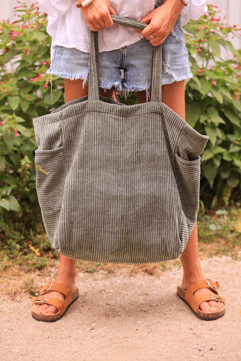 Khaki ribbed velvet tote bag with 'Love,Life,Travel' embroidery