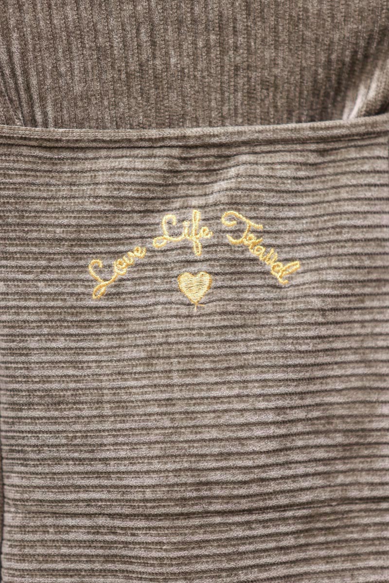 Khaki ribbed velvet tote bag with 'Love,Life,Travel' embroidery