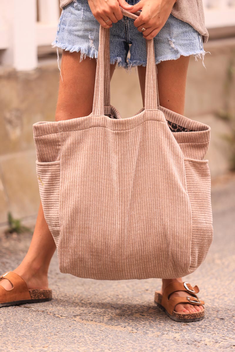 Ice brown ribbed velvet tote bag with 'Love,Life,Travel' embroidery