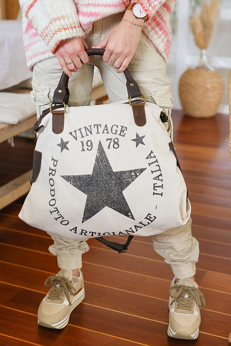 Bolso de mano de algodón beige y asas de piel con logo de estrella vintage