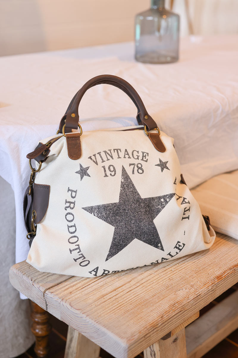 Beige cotton canvas bag vintage design leather handles and clip details
