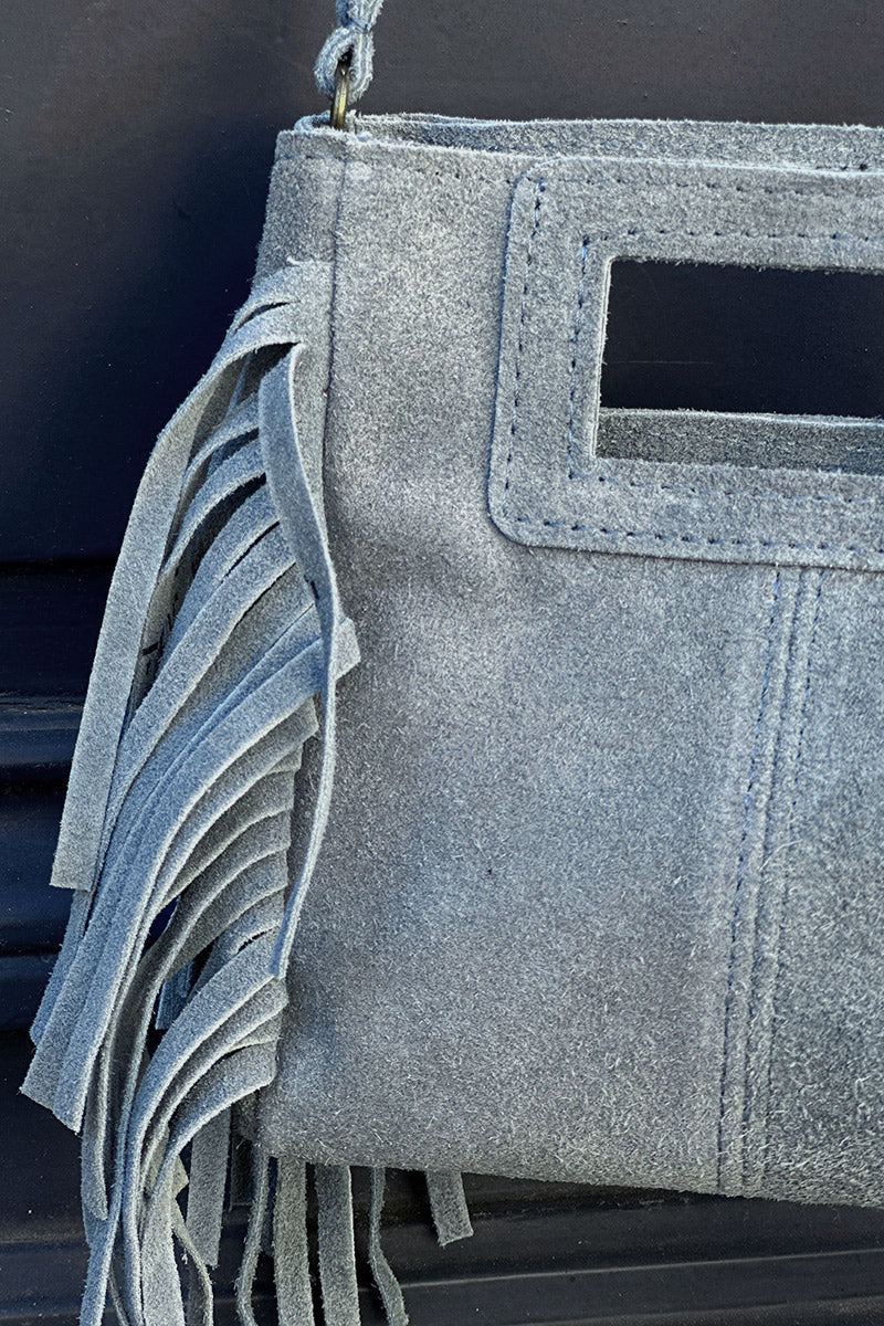 Sac à main à franges bleu en cuir suède anse poignée et bandoulière mini format