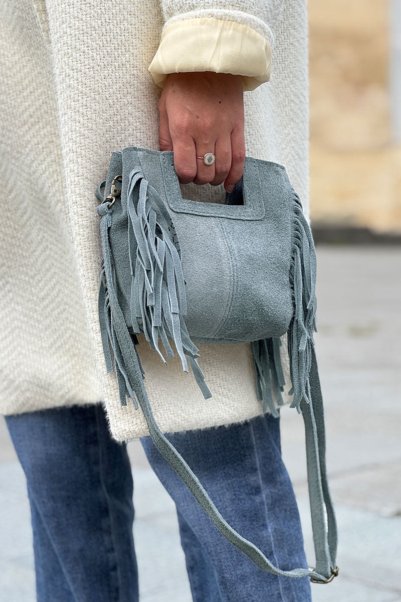 Sac à main à franges bleu en cuir suède anse poignée et bandoulière mini format