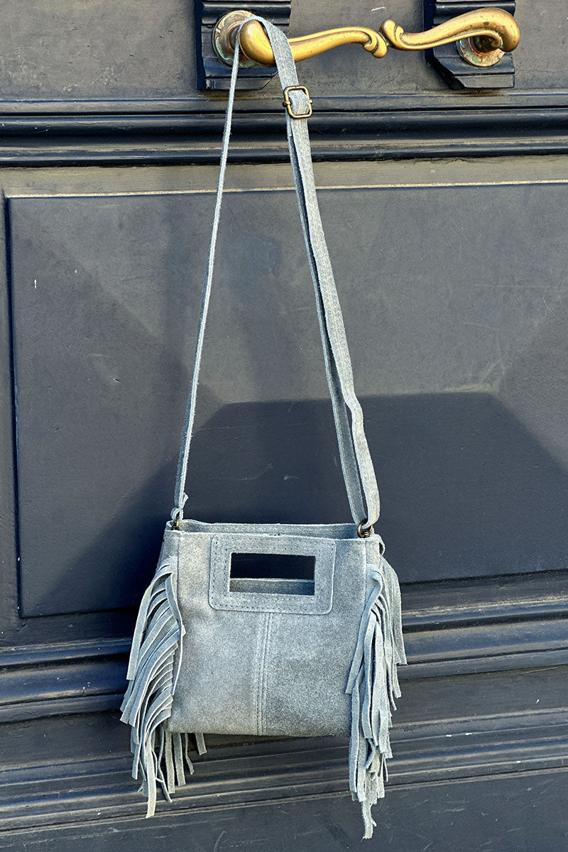 Sac à main à franges bleu en cuir suède anse poignée et bandoulière mini format