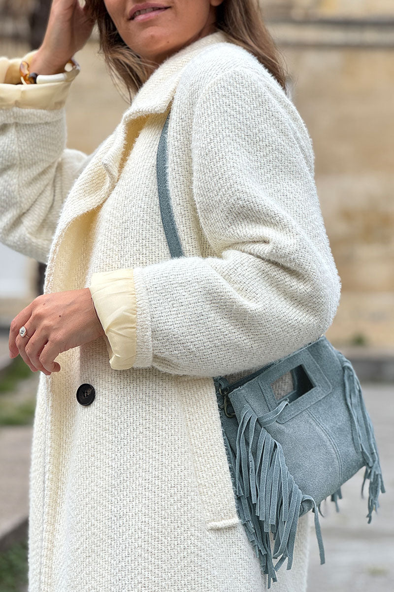 Sac à main à franges bleu en cuir suède anse poignée et bandoulière mini format