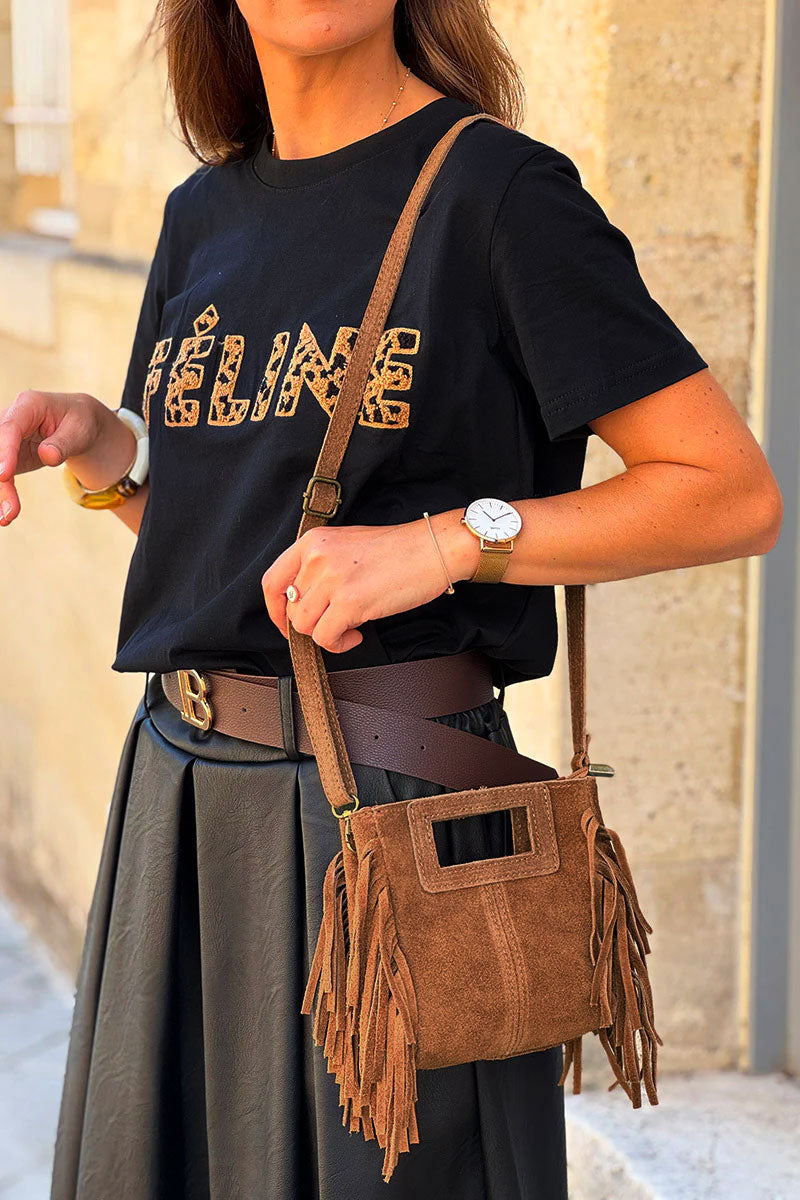 Camel Suede Fringe Bag