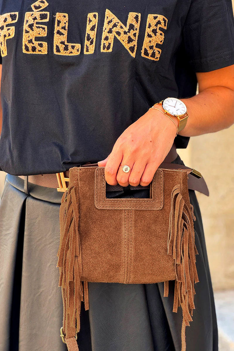 Camel Suede Fringe Bag