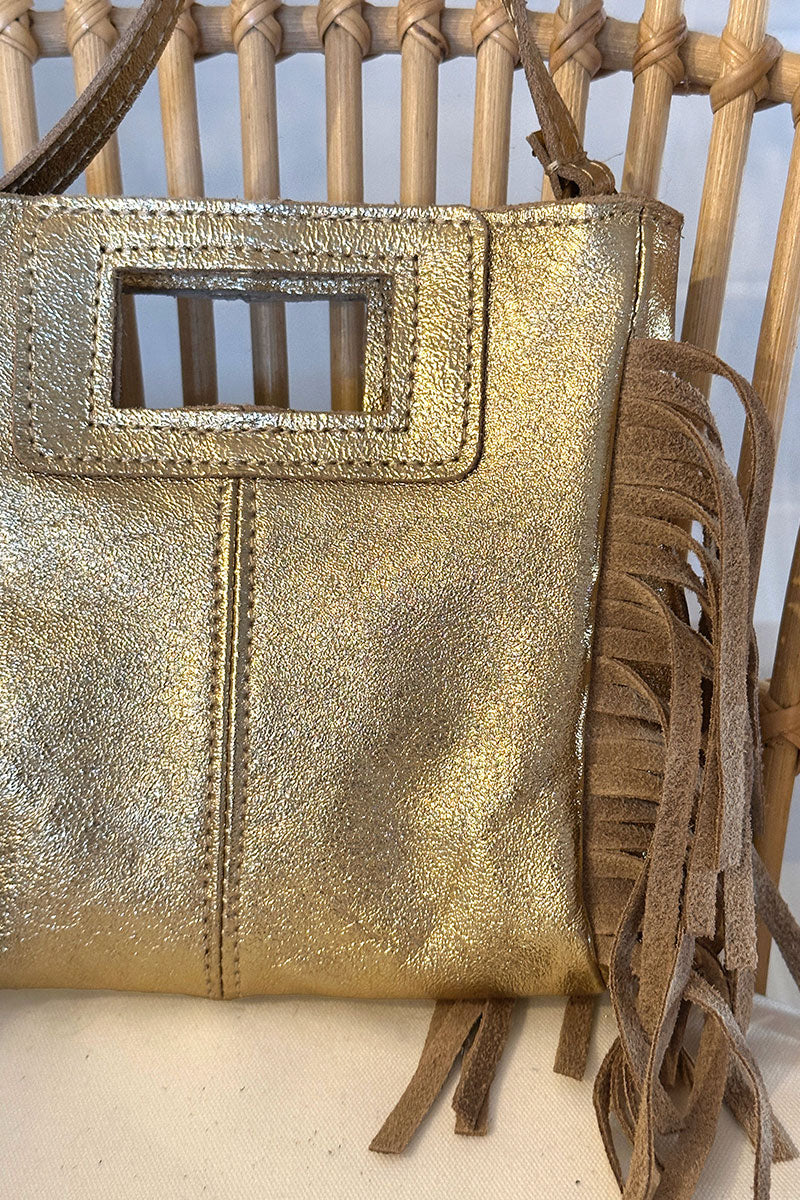 Sac à main à franges doré en cuir suède anse poignée et bandoulière mini format