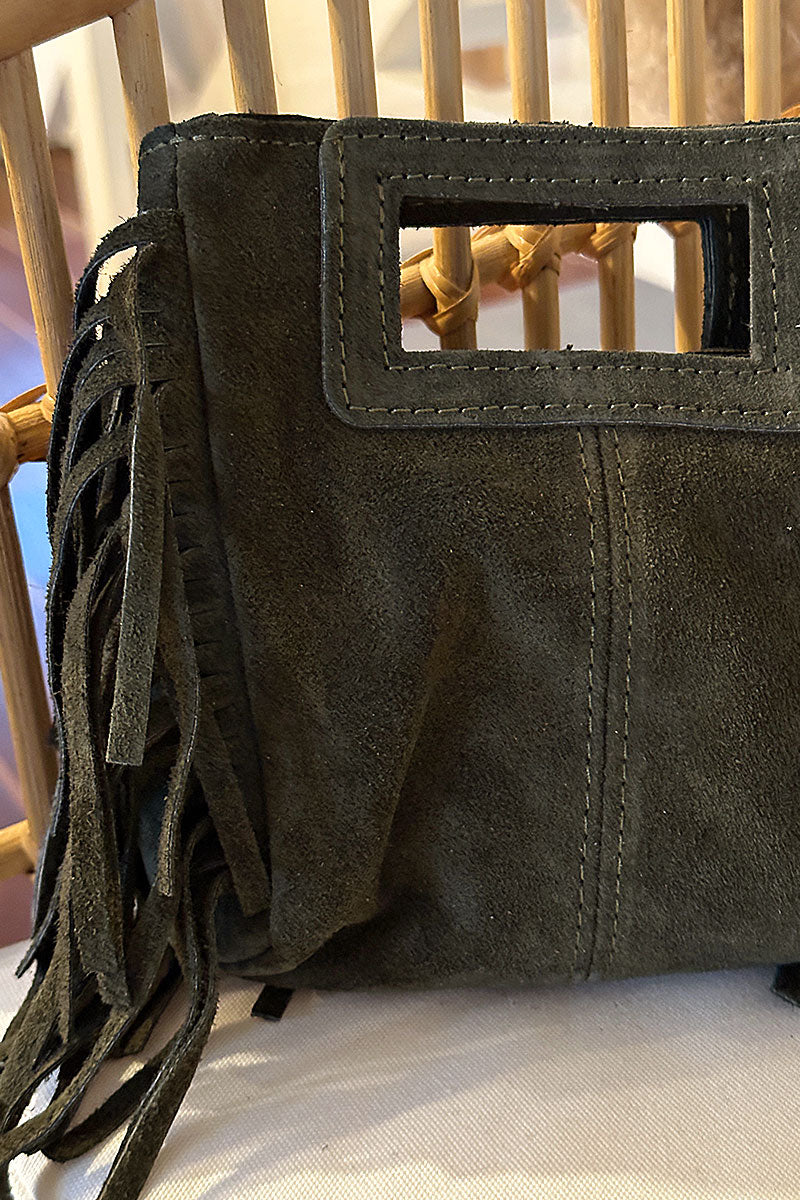 Sac à main à franges kaki en cuir suède anse poignée et bandoulière mini format