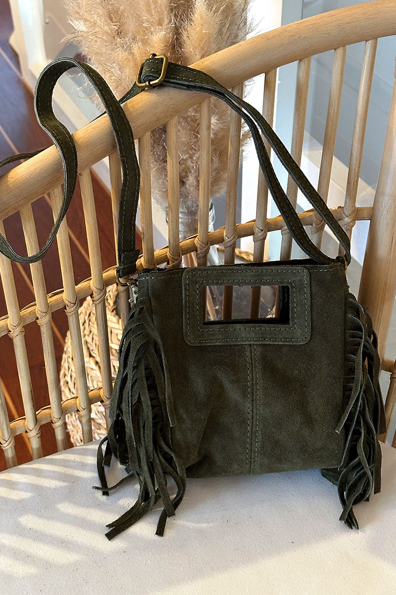 Sac à main à franges kaki en cuir suède anse poignée et bandoulière mini format