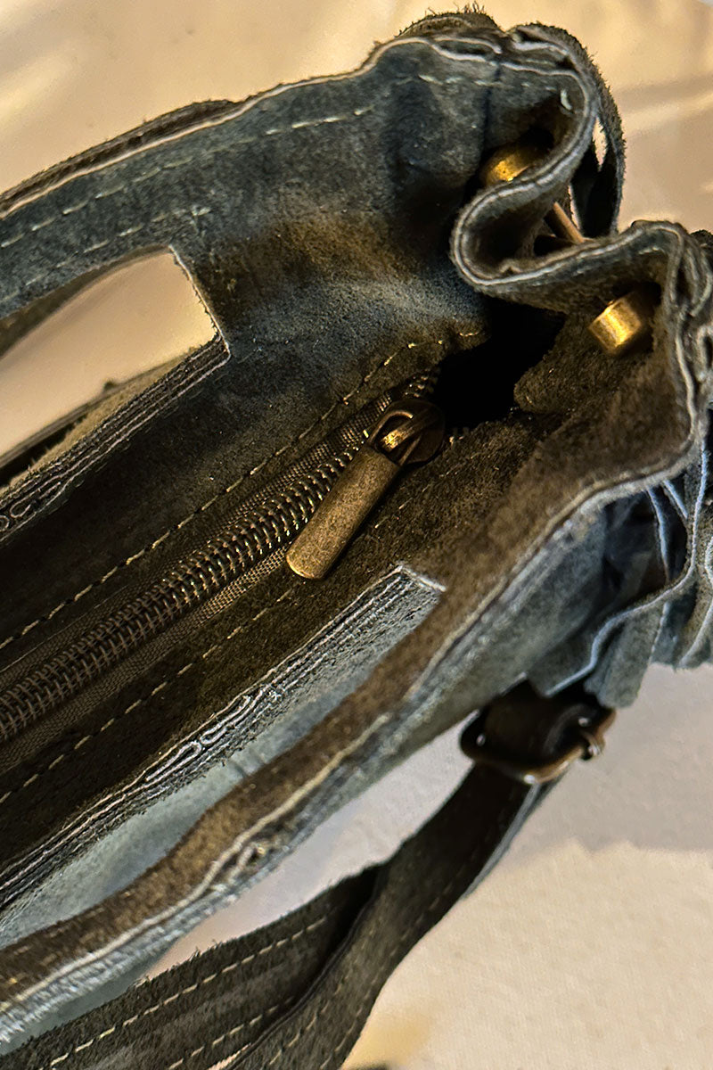 Sac à main à franges kaki en cuir suède anse poignée et bandoulière mini format