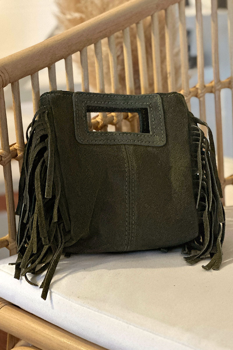 Sac à main à franges kaki en cuir suède anse poignée et bandoulière mini format