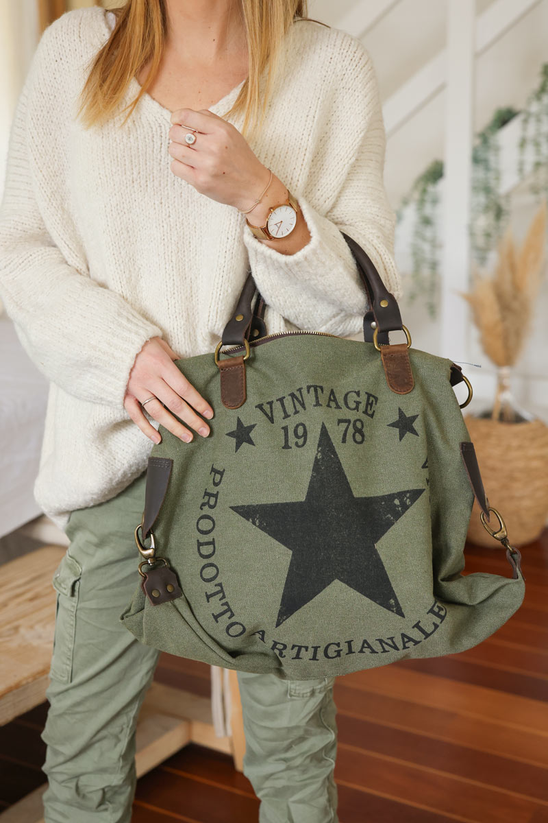 Khaki cotton canvas bag vintage design leather handles and clip details